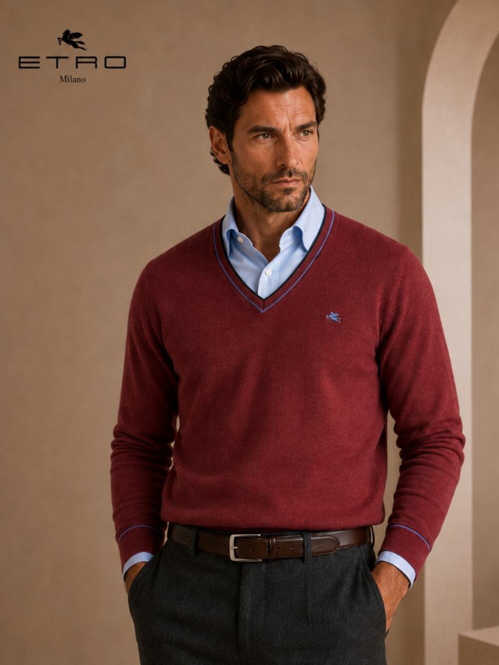 Etro Men's V-Neck Wool Sweater in Burgundy with Contrast Trim NWT Size M